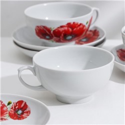Сервиз чайный Дулевский фарфор «Дачный. Маки», 14 предметов: чашки 6 шт., блюдце 6 шт., чайник, сахарница, белый