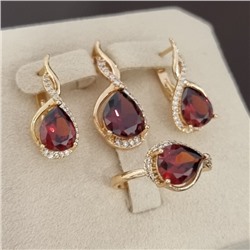 Комплект ювелирной бижутерии коллекция "Дубай" серьги, кулон и кольцо 19 р, покрытие позолота, вставка: стекло и цирконы, цвет: красный и прозрачный, арт.217.488-19