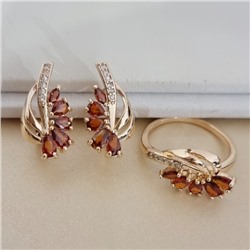 Комплект ювелирной бижутерии коллекция "Дубай" серьги и кольцо 19 р, покрытие позолота, вставка: фианиты и цирконы, цвет: коньячный и прозрачный, арт.215.744-19