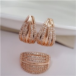 Комплект ювелирной бижутерии Дубайское золото, покрытие: позолота, серьги и кольцо 17 р, вставка: фианиты, цвет: прозрачный, арт.314.785-17