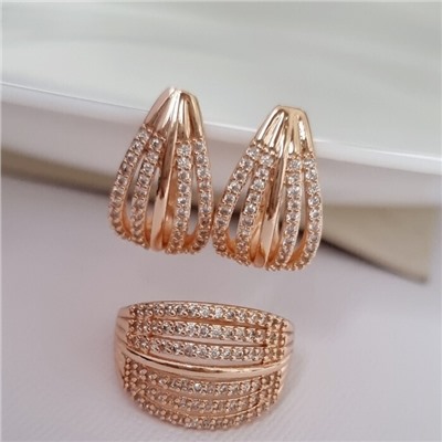 Комплект ювелирной бижутерии Дубайское золото, покрытие: позолота, серьги и кольцо 19 р, вставка: фианиты, цвет: прозрачный, арт.314.785-19