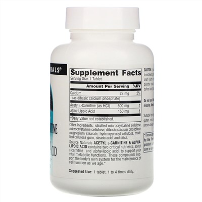 Source Naturals, ацетил-L-карнитин и альфа-липоевая кислота, 650 мг, 60 таблеток