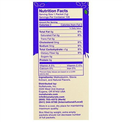 NuNaturals, NuStevia, белый порошок стевии, 100 пакетиков, 100 г (3,5 унции)