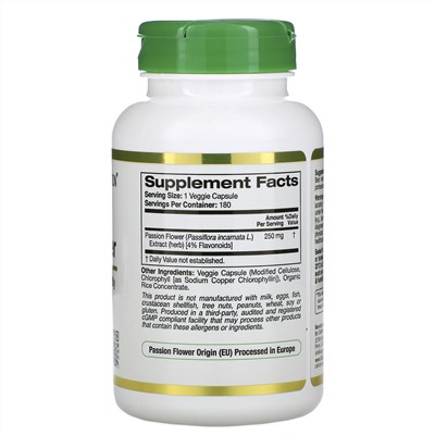 California Gold Nutrition, EuroHerbs, «Пассифлора», 250 мг, 180 растительных капсул