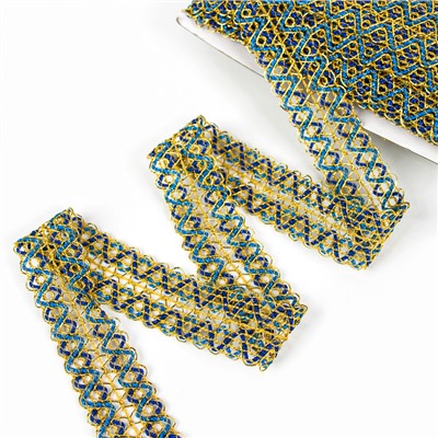 Тесьма «Зигзаг», ширина 3.5 см, в рулоне 25 м, сине-голубо-золотая