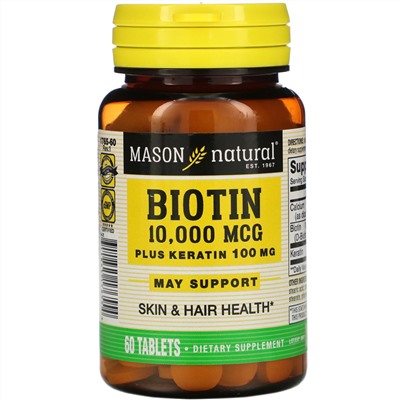 Mason Natural, биотин с кератином, 10 000 мкг, 60 таблеток