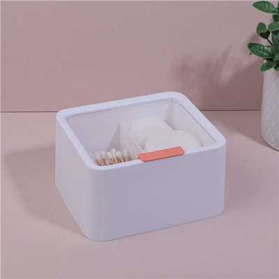 Органайзер для ватных палочек и дисков, с крышкой, 2 секции, 14.5×13×8 см, цвет белый/прозрачный