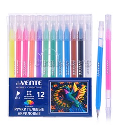 Набор ручек гелевых акриловых "Hobby creative" 12 шт, 12 цветов, d=1 мм, прозрачно-матовый круглый корпус, колпачок с клипом, увеличенный запас чернил, специальные акриловые чернила c высокой яркостью на черной бумаге, в пластиковой коробке