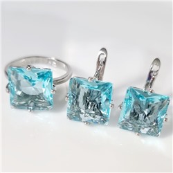 Комплект ювелирная бижутерия серьги и кольцо 18 р покрытие: посеребрение, вставка: фианиты, цвет: бледно-голубой, арт.215.460-18