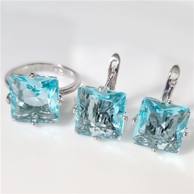 Комплект ювелирная бижутерия серьги и кольцо 19 р покрытие: посеребрение, вставка: фианиты, цвет: бледно-голубой, арт.215.460-19