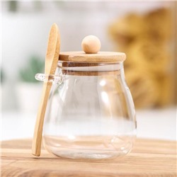 Сахарница «Эко» с ложкой, 480 мл, 9.5×9×12.5 см, с бамбуковой крышкой, стекло, прозрачная