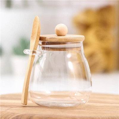 Сахарница «Эко» с ложкой, 480 мл, 9.5×9×12.5 см, с бамбуковой крышкой, стекло, прозрачная