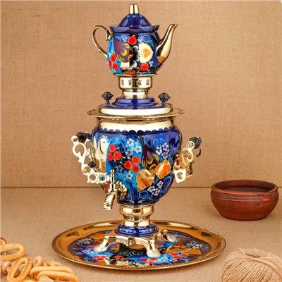 Набор посуды «Птица на синем», 3 предмета: самовар 3 л, заварочный чайник 0.7 л, поднос