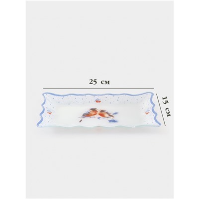 Блюдо сервировочное новогоднее Доляна «Снегири на ветке«», 25×16 см, стекло, белое, голубое