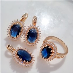 Комплект ювелирная бижутерия коллекция  "Дубай" серьги, кулон и кольцо 17 р, покрытие: позолота, вставка: фианит, цвет: синий и прозрачный, арт.313.097-17