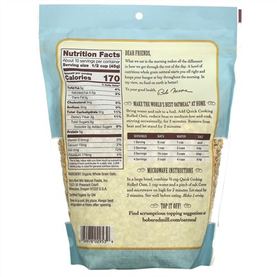 Bob's Red Mill, Organic Quick Cooking Rolled Oats, Whole Grain, 16 oz (454 g)