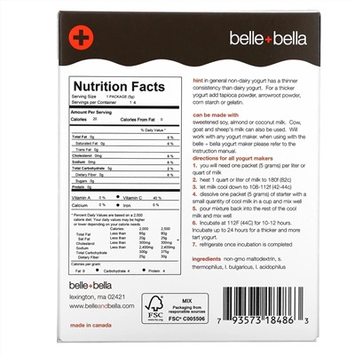 Belle+Bella, Безмолочная закваска для йогурта, 4 пакетика по 5 г