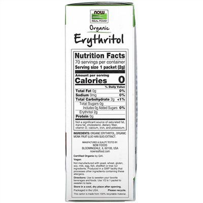 Now Foods, Real Food, органический эритритол с архатом, 70 пакетиков