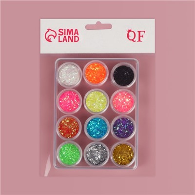 Блёстки для декора, крупные, набор 12 баночек, в пластиковом органайзере, разноцветные