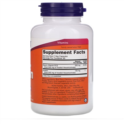 Now Foods, Ниацин, не вызывающий покраснений, 250 мг, 180 растительных капсул