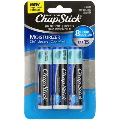 Chapstick, 2-In-1 Lip Care Skin Protectant, SPF 15, Cool Mint, 3 Sticks, 0.15 oz (4 g) Each