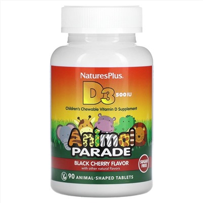 Nature's Plus, Source of Life, Animal Parade, витамин D3, без сахара, с натуральным вкусом черешни, 12,5 мкг (500 МЕ), 90 таблеток в форме животных