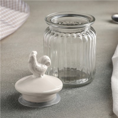Банка стеклянная для сыпучих продуктов с керамической крышкой «Петух», 300 мл, 7.5×14.5 см, цвет крышки белый