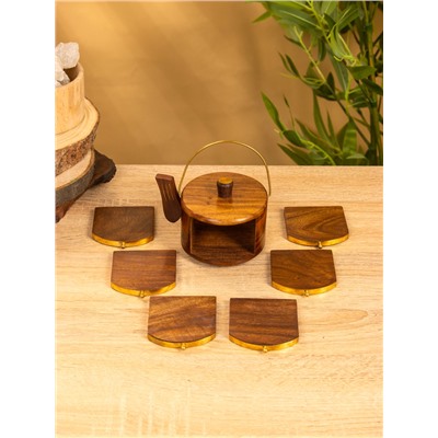 Подставка под горячее «Чайник», с золотыми вставками, набор 6 шт., 10×12×8 см, дерево шишам