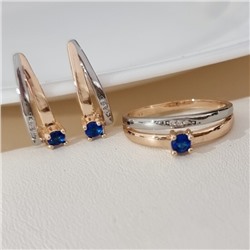 Комплект ювелирной бижутерии коллекция "Дубай" серьги и кольцо 19 р, покрытие позолота, вставка: фианиты и цирконы, цвет: синий и прозрачный, арт.215.689-19