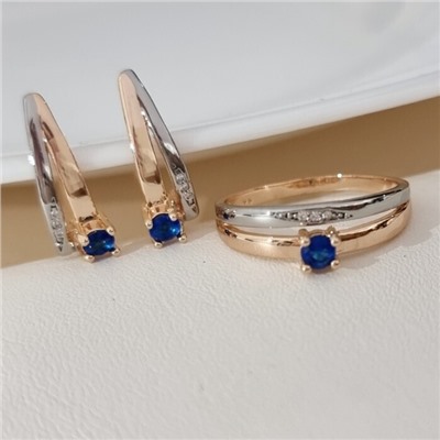 Комплект ювелирной бижутерии коллекция "Дубай" серьги и кольцо 19 р, покрытие позолота, вставка: фианиты и цирконы, цвет: синий и прозрачный, арт.215.689-19