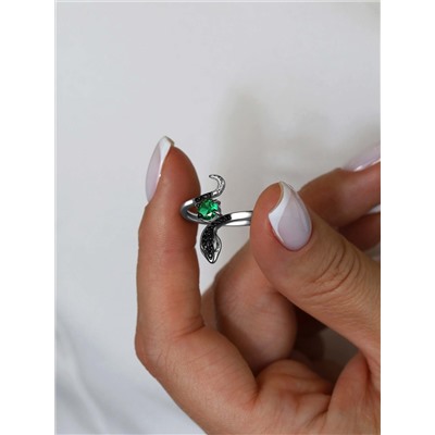 Кольцо из серебра с чёрной шпинелью и зелёными фианитами родированное- Змея 925 пробы 1-450рч416232