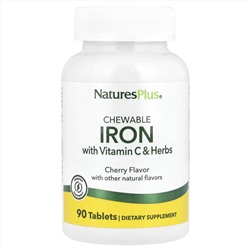 Nature's Plus, высокоэффективное железо с витамином C и травами, вишневый вкус, 90 жевательных таблеток