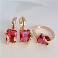 Комплект ювелирная бижутерия коллекция  "Дубай" серьги и кольцо 19 р, покрытие: позолота, вставка: фианиты, цвет: малиновый и прозрачный, Уценка, арт.08.3401 (217.318-19)