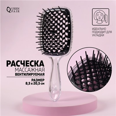 Расчёска массажная, широкая, вентилируемая, 20.5(±1) × 8.5 см, прозрачная