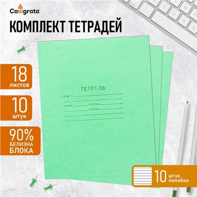Набор тетрадей 18 листов в линейку «Зелёная обложка», белые листы, 10 шт.