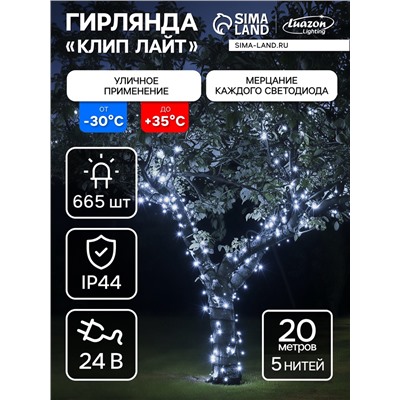 Гирлянда «Клип-лайт» 5 нитей по 20 м, IP44, УМС, тёмная нить, 665 LED, свечение белое, мерцание, 24 В