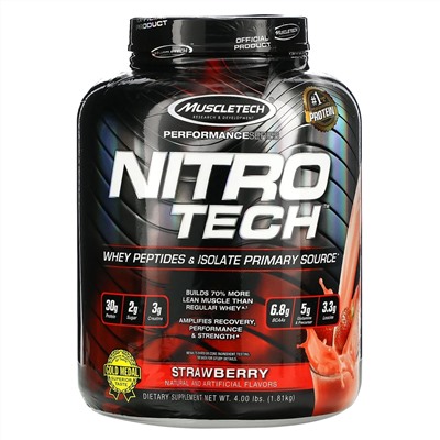 Muscletech, серия Performance, Nitro Tech, основной источник сывороточных пептидов и изолятов, клубничный вкус, 1,81 кг (4 фунта)