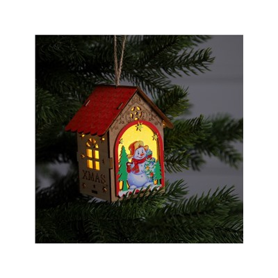 Ёлочная игрушка «Домик со снеговиком», 11×8.5×7.5 см, 1 LED, от батареек, свечение тёплое белое