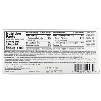 California Gold Nutrition, Foods, жевательные батончики-мюсли с клюквой и миндалем, 12 батончиков весом 1,4 унции (40 г) каждый