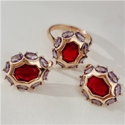 Комплект ювелирной бижутерии коллекция "Дубай" серьги и кольцо 17 р покрытие позолота, вставка: стекло, цвет: фиолетовый и красный, арт.215.570-17