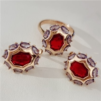 Комплект ювелирной бижутерии коллекция "Дубай" серьги и кольцо 19 р покрытие позолота, вставка: стекло, цвет: фиолетовый и красный, арт.215.570-19