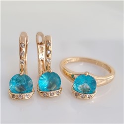 Комплект ювелирная бижутерия коллекция  "Дубай" серьги и кольцо 18 р, покрытие: позолота, вставка: фианиты, цвет: голубой и прозрачный, арт.217.312-18