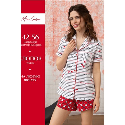 Комплект жен: жакет к/рук, шорты Mia Cara SS23WJ326 Te Amo белый/красный сердечки/полоска