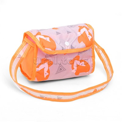 Коляска кукольная (металлическая, с капюшоном, сумкой и корзинкой, цвет оранжевый, с принтом) в пакете