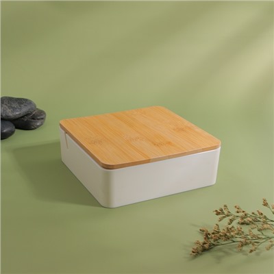 Органайзер для хранения Bamboo, шкатулка для украшений с зеркалом, 4 секции, 15×15×5 см, белый, коричневый