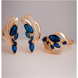 Комплект ювелирной бижутерии Дубайское золото покрытие позолота, серьги и кольцо 20 р, вставка: фианиты, цвет: темно синий и прозрачный, арт.414.096-20