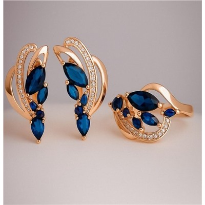 Комплект ювелирной бижутерии Дубайское золото покрытие позолота, серьги и кольцо 17 р, вставка: фианиты, цвет: темно синий и прозрачный, арт.414.096-17
