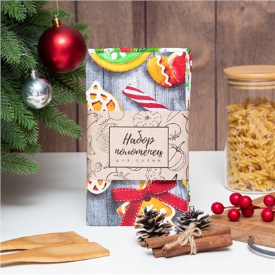 Набор новогодних кухонных полотенец Доляна «Новогоднее печенье » 35×60 см-2 штуки, 100% хлопок