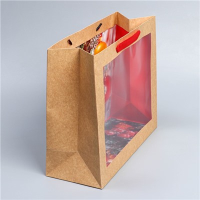 Пакет подарочный новогодний крафтовый с пластиковым окном «С Новым годом», 31×26×11 см