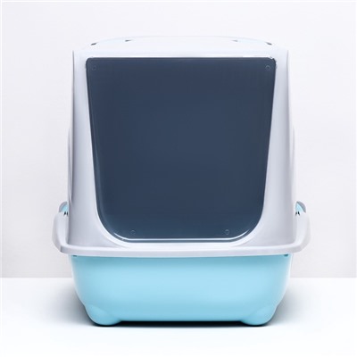 Туалет-домик для кошек закрытый с дверцей 43×32×33 см, бирюзово-серый